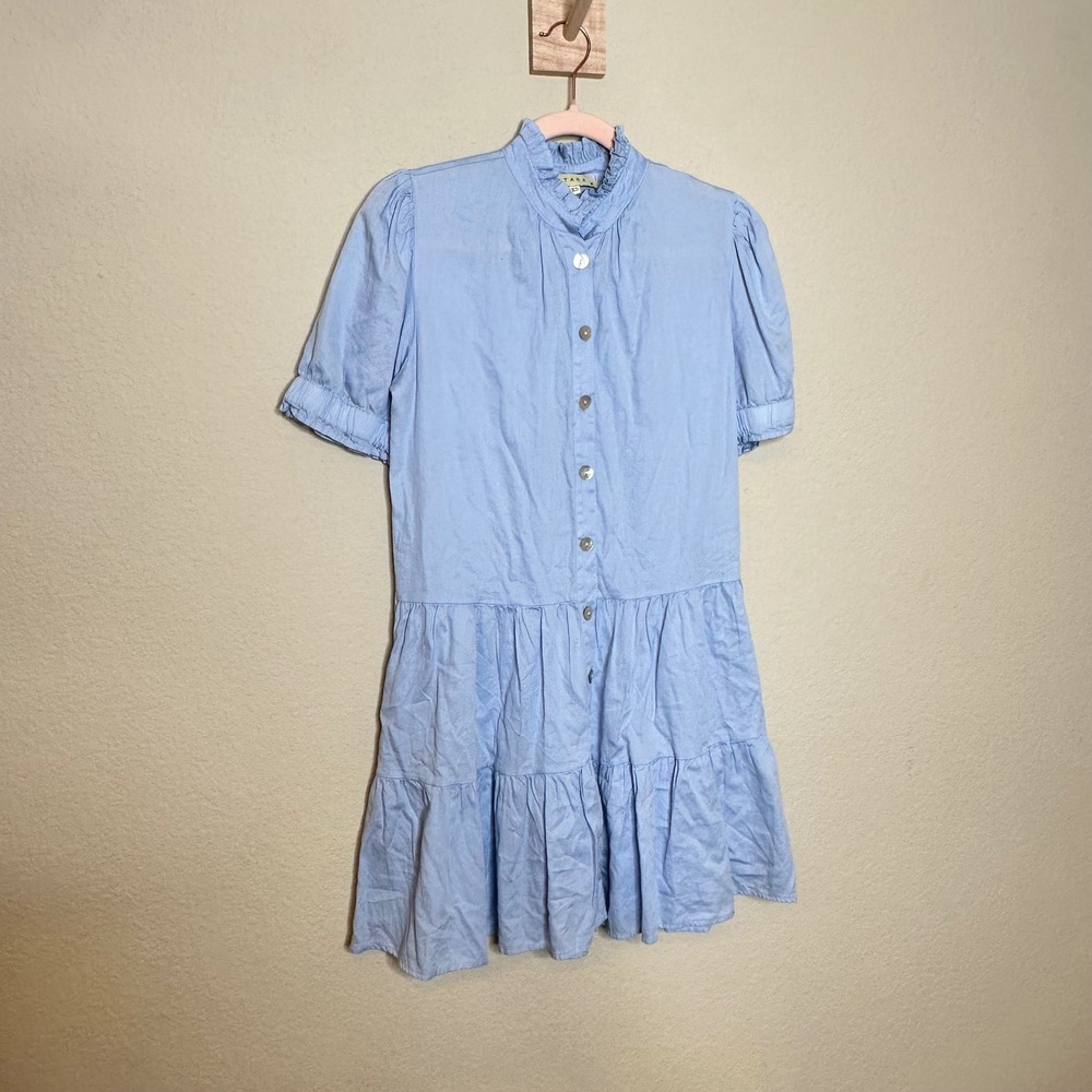 Stark X Light Blue Ruffle Neck Puff Sleeve Tiered Cotton Mini Dress XS Coastal